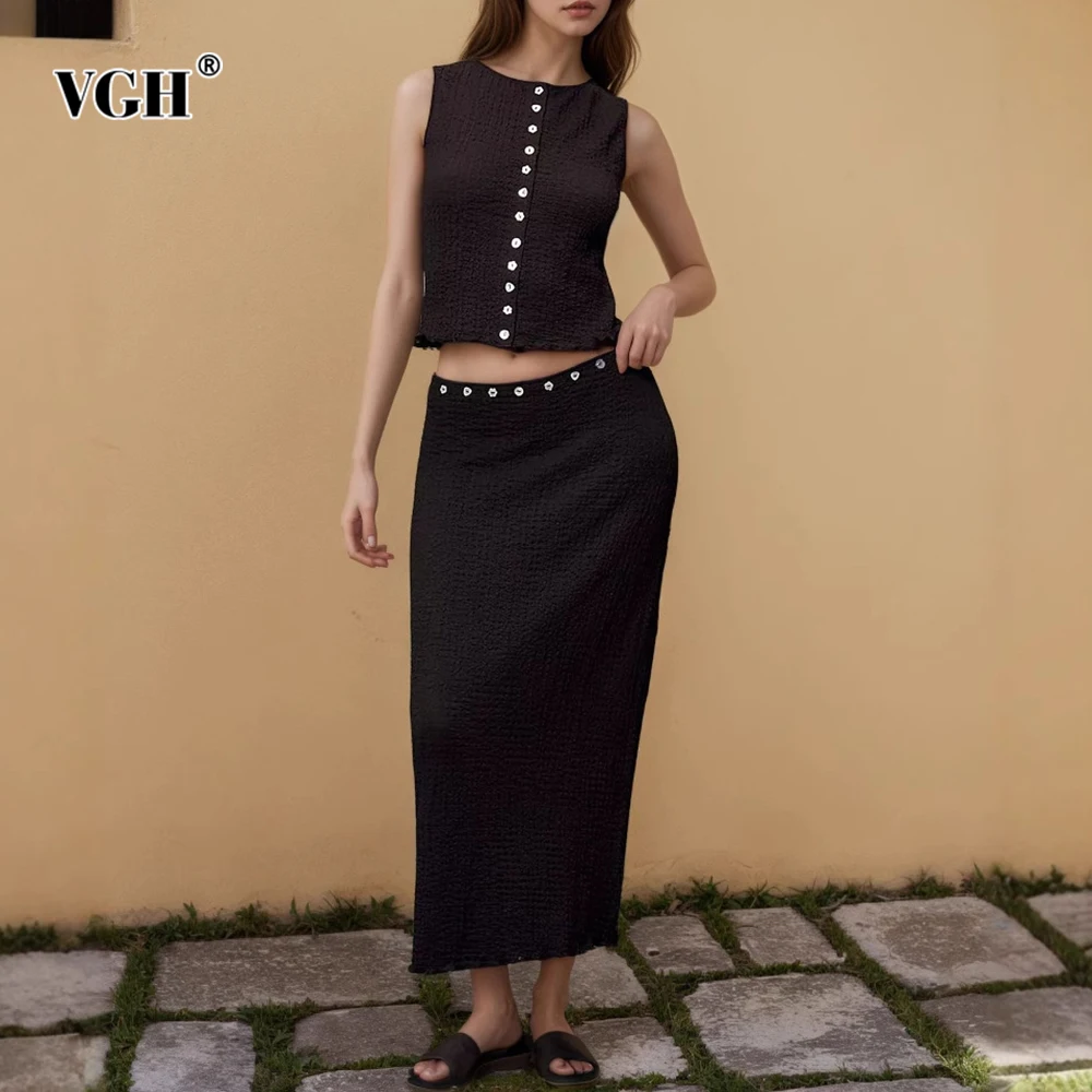 

VGH Designer Solid Slimming Two Piece Sets For Women Round Neck Sleeveless Top High Waist Long Skirt Elegant Set Female Fashion