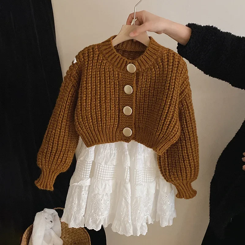 Sweater Winter Season Girls Knitting Metal Button Open Stitch Coat Girl Sweet Lace Tide Striped Button Hollow Out