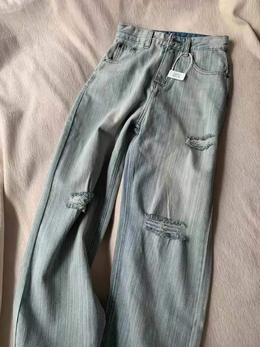 

Женские рваные джинсы с дырками в стиле ретро, весна-осень 2026, с высокой талией, свободные джинсовые брюки, модные универсальные широкие штаны