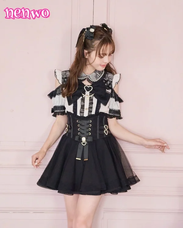 لوليتا تنورة فتاة على شكل قلب منقوشة حزام القوس الألغام سلسلة طبقة مزدوجة تنورة دانتيل المرأة الصيف الخريف جديد التنانير القصيرة Faldas #4