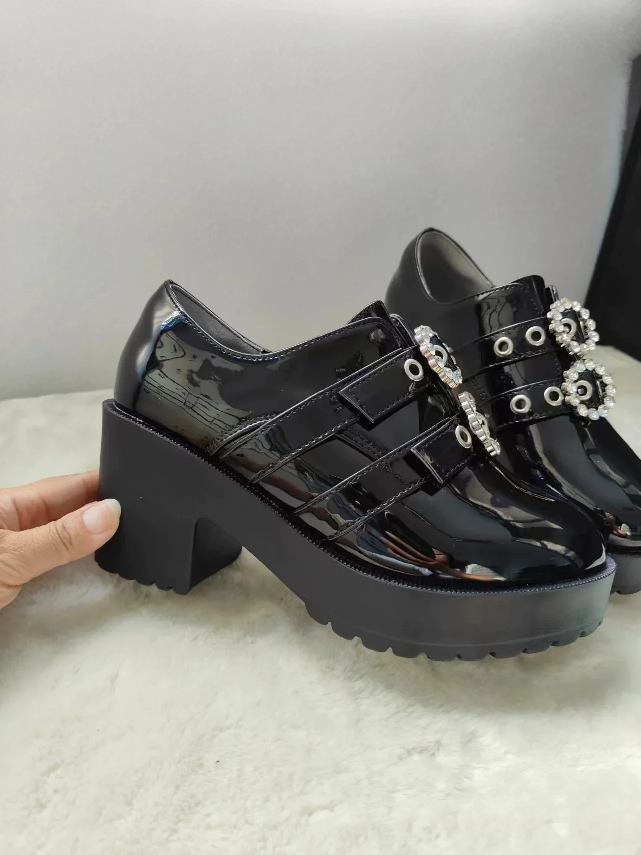 Japanese Mine Series Round Drill Buckle JK Patent Leather Shoes Ladies Mass-Produced Platform High Heels Uniform Women's Shoes