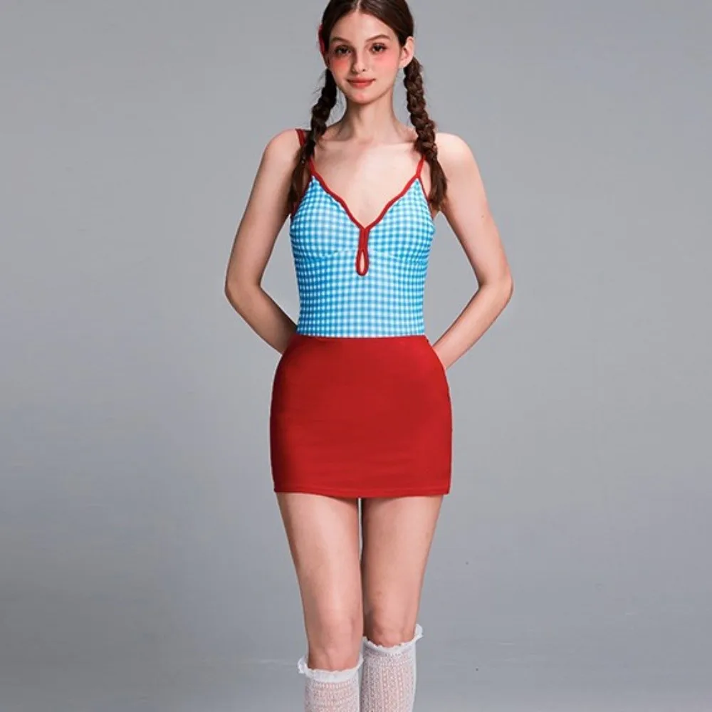 Maillot de bain à carreaux, Design amincissant, Style conservateur, jupe à jante festonnée, bleu, dos nu, ensemble Bikini