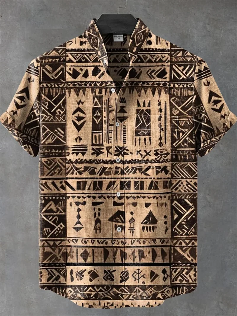 Men's Linen 3D Printed Pattern Lapel Short-sleeved Button-button Pocket Shirt Ethnic Style Private Custom Shirt Slim Beach Top