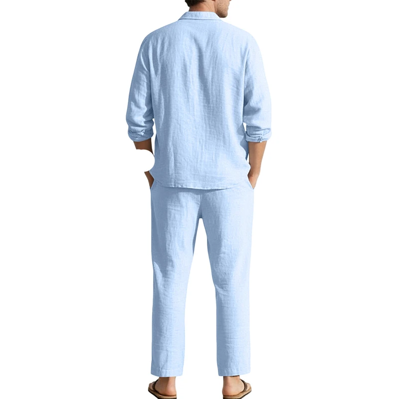 Spring Summer Linen Casual Sets Loose Beach Long Sleeve Shirt+Long Pants Solid Color Breathable Turn Down Collar Fashion Sets