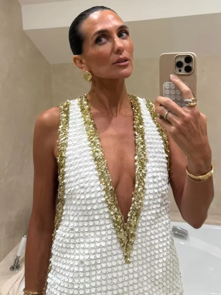 

Women Sexy Sequin Vest Dress Off Shoulder Sleeveless Deep V-neck Short Mini See Through Dresses 2026 Lady Party Evening Gowns