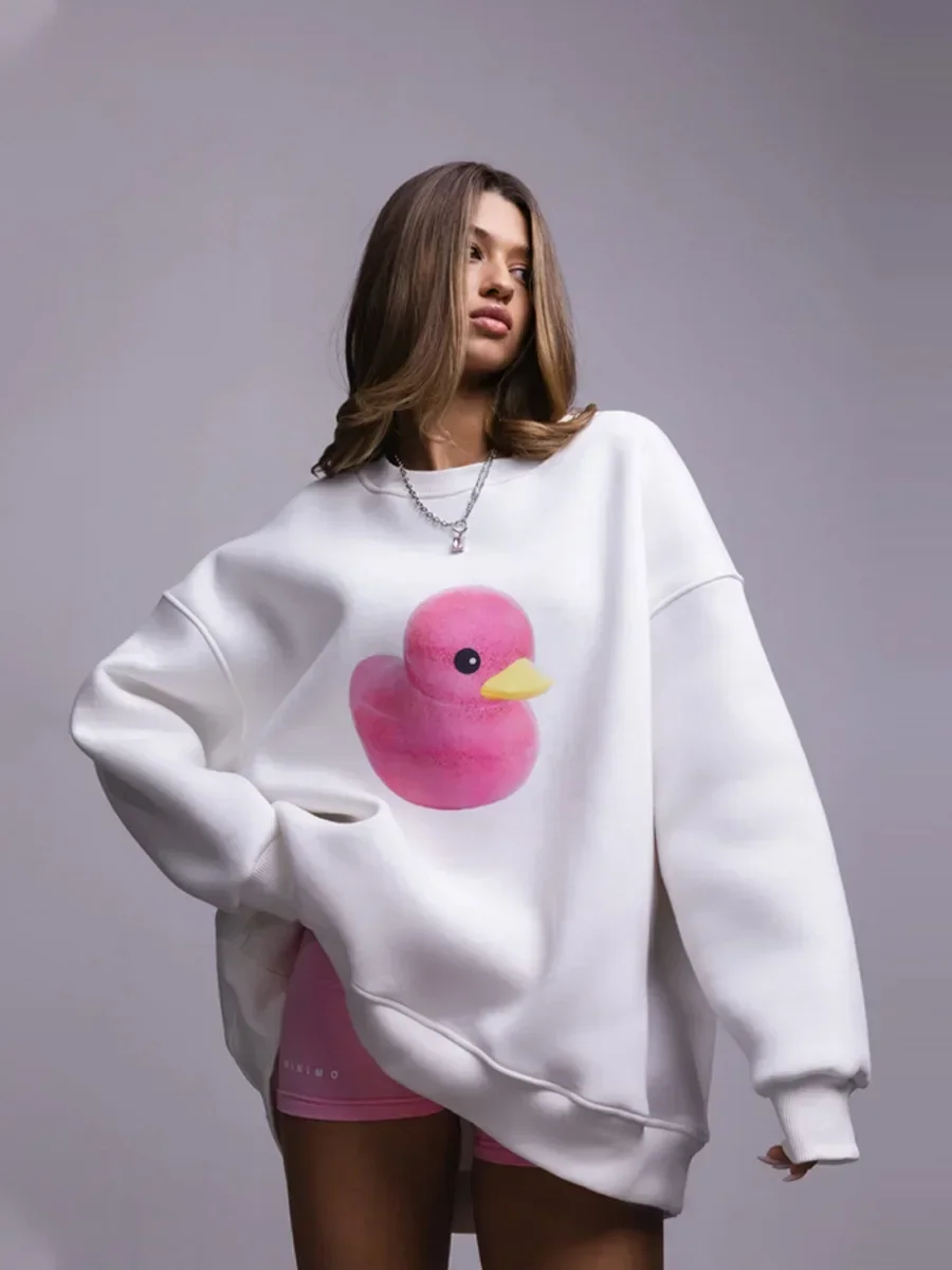 Sumuyoo Yellow Duck Print Sweatshirt Loose Round Neck Oversized Comfortable Women\'s Trendy Casual Autumn Winter Warm Hoodies