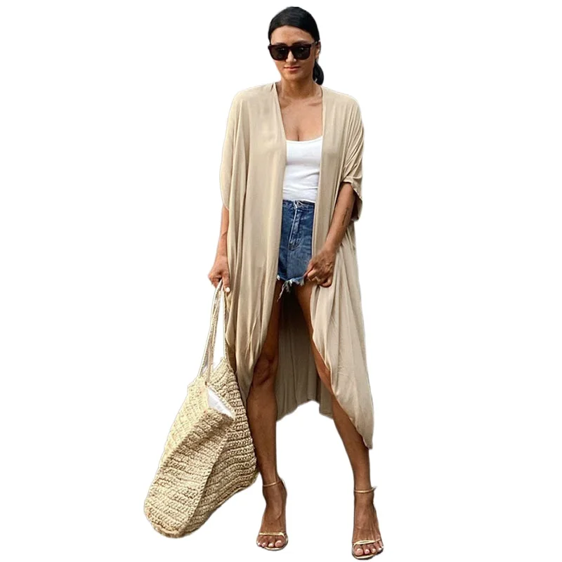 Vestido de playa con cinturón para mujer, Kimono de Color liso, ropa de playa, traje de baño, cárdigan