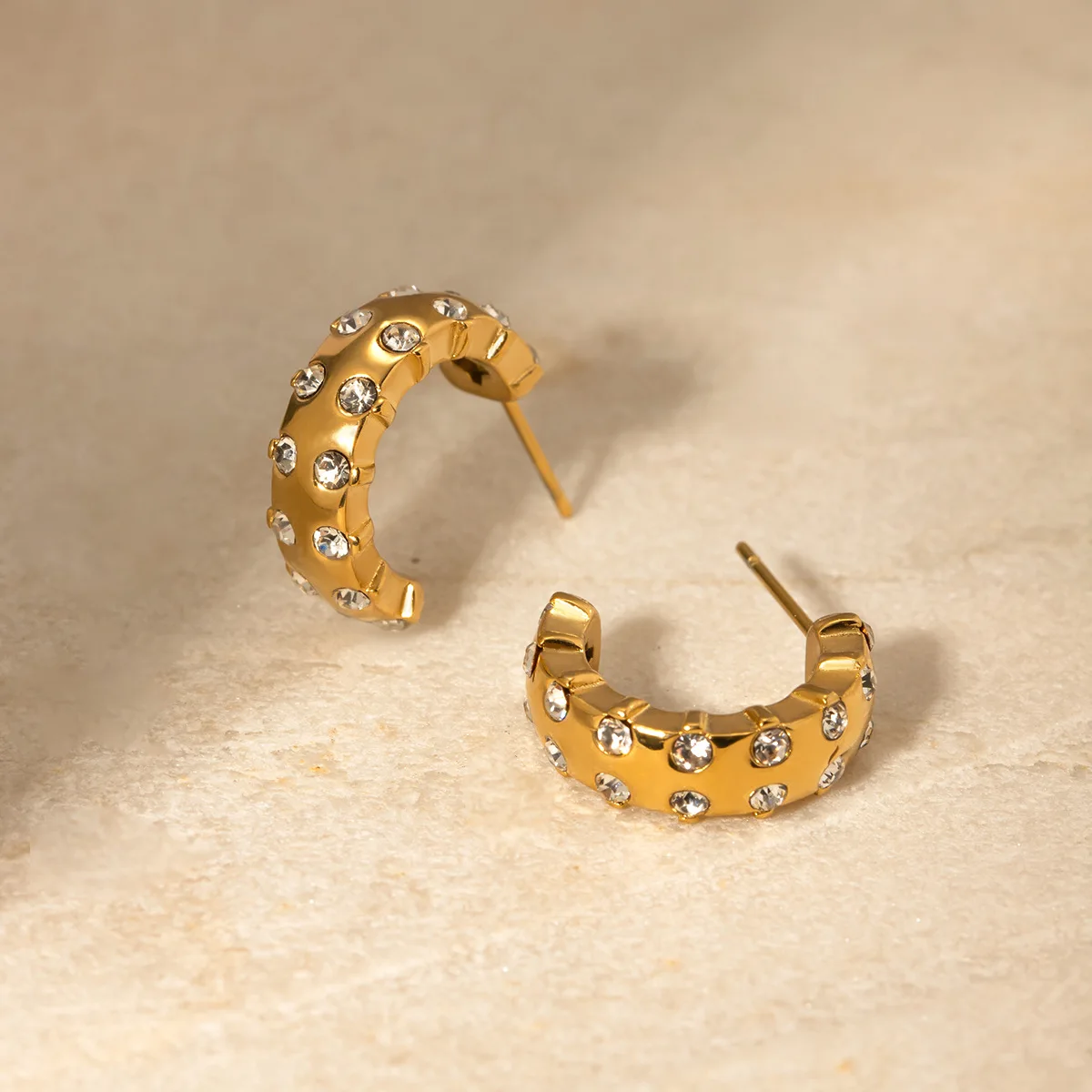 Stainless Steel PVD 18K Gold Plated Tarnish Small Size Crystal CC Hoop Earrings For Woman Jewelry Wholesale Summer Trendy