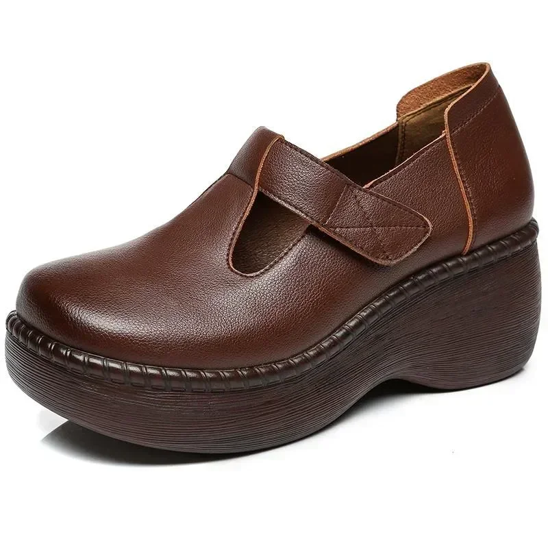 

Женская обувь ручной работы в стиле ретро 6 см, весенне-осенне-летняя повседневная обувь из натуральной коровьей кожи на открытом воздухе, на танкетке и мелком каблуке