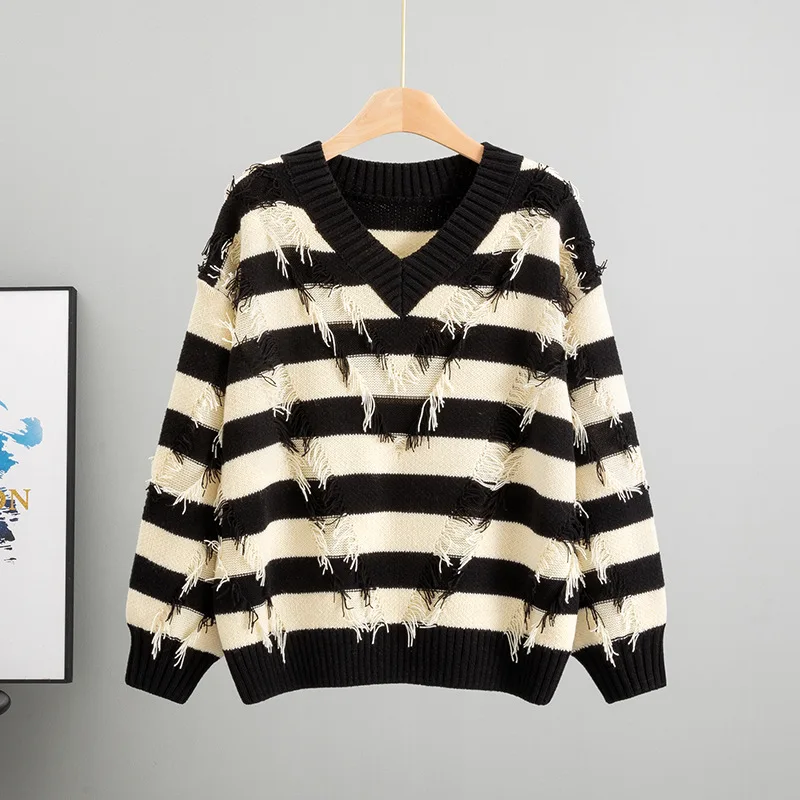

Women Pullover Sweater Knitting Top Stripe Print V Neck Tassels Knitted Tops Casual Knitwear Pullovers Autumn Winter Jumpers