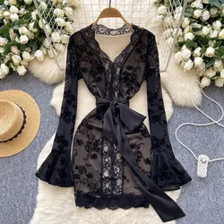 Elegant Flare Sleeve Vintage V-neck Chic Flocking Lace Sexy Bandage Slim Pencil Short Dresses French High Street Autumn Clothing