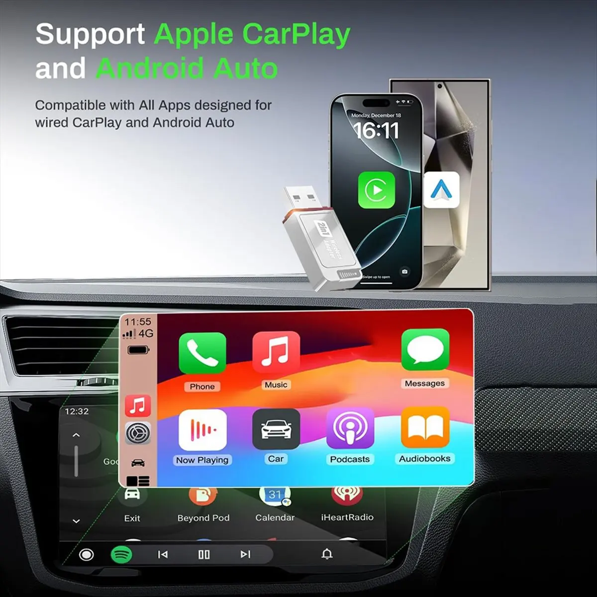 ☶❈＊♥AC1986-2-in-1 Wireless CarPlay Adapter Support CarPlay&for Android Auto,Bluetooth USB Dongle Convert Wired to Wireless Adapt