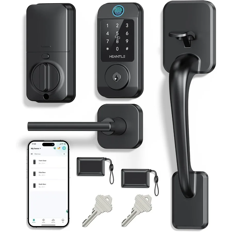 Inteligentny zestaw zamków do drzwi wejściowych z dostępem bezkluczykowym i rozpoznawaniem linii papilarnych zapewniający bezpieczny dostęp do domu. Wbudowane połączenie Wi-Fi dla R