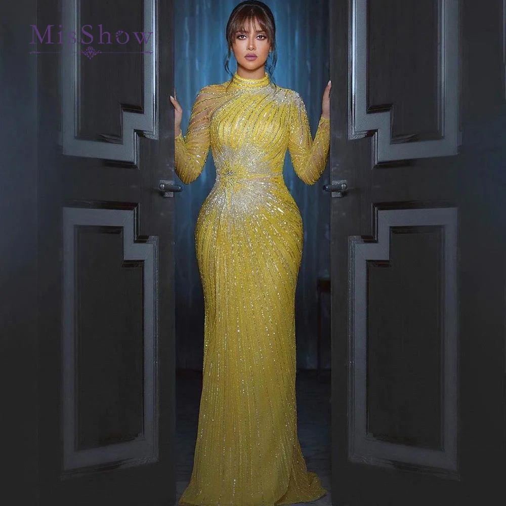 MisShow Elegant Yellow Mermaid Muslim Evening Dresses For Women Luxury Dubai Long Sleeves Beaded Arabic Formal Party Gowns