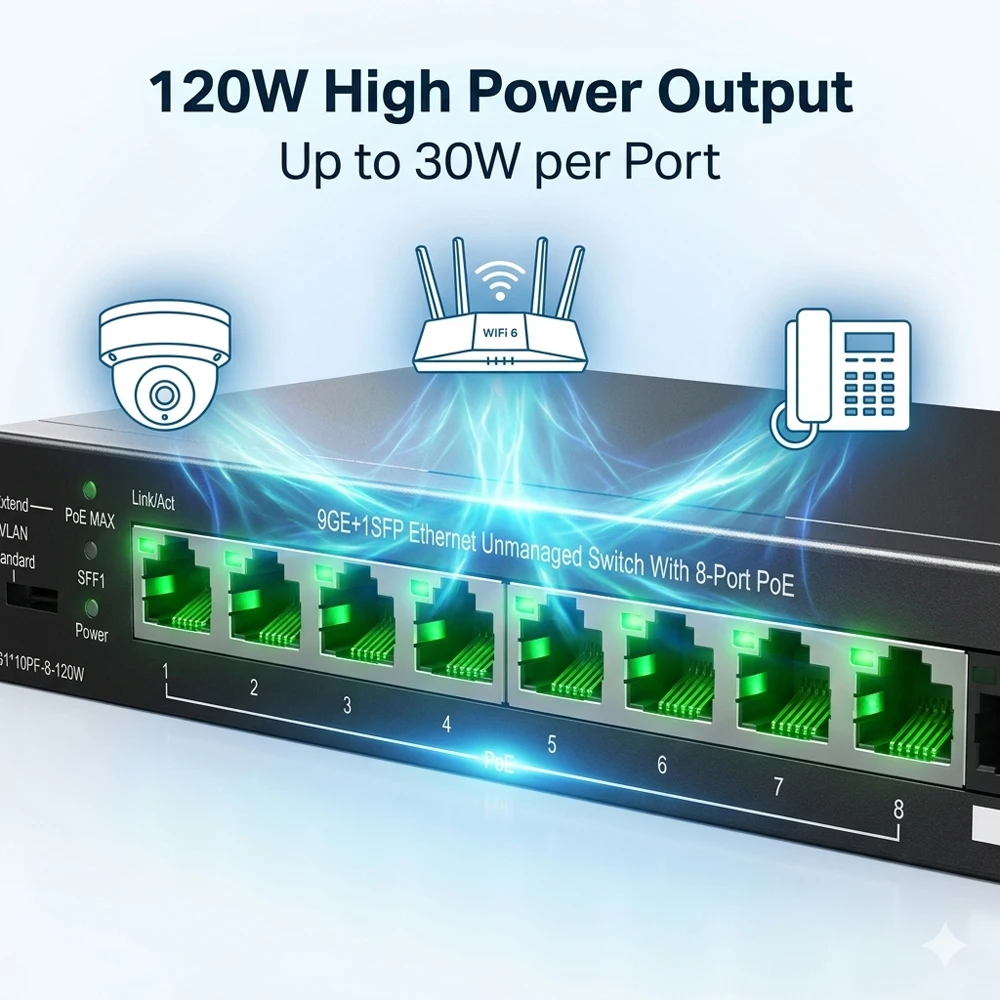 

10 Port Gigabit PoE Switch 120W 8 PoE+ Ports 1000Mbps SFP Uplink 250m Extend VLAN Isolation 6kV Surge Protection for IP Cam AP