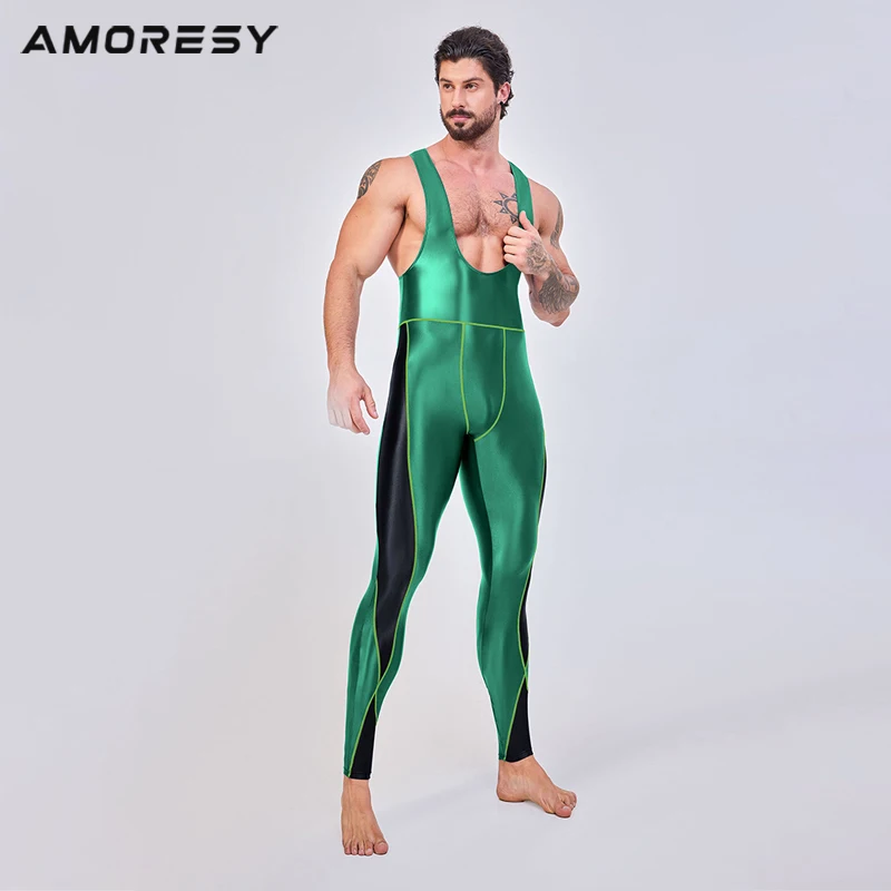 AMORESY Men Smooth Oil Tracksuits Suspender Backless Jumpsuits Cycling Wrestling Running Sports Overalls Tights Nine-point Pants