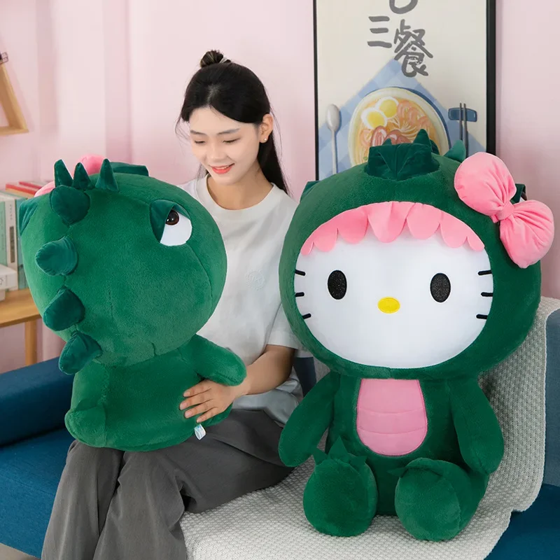 Sanrio Kawaii Hello Kitty dinosaurio juguete de peluche, muñeca de dibujos animados, decoración de la habitación, almohada para dormir, regalo de