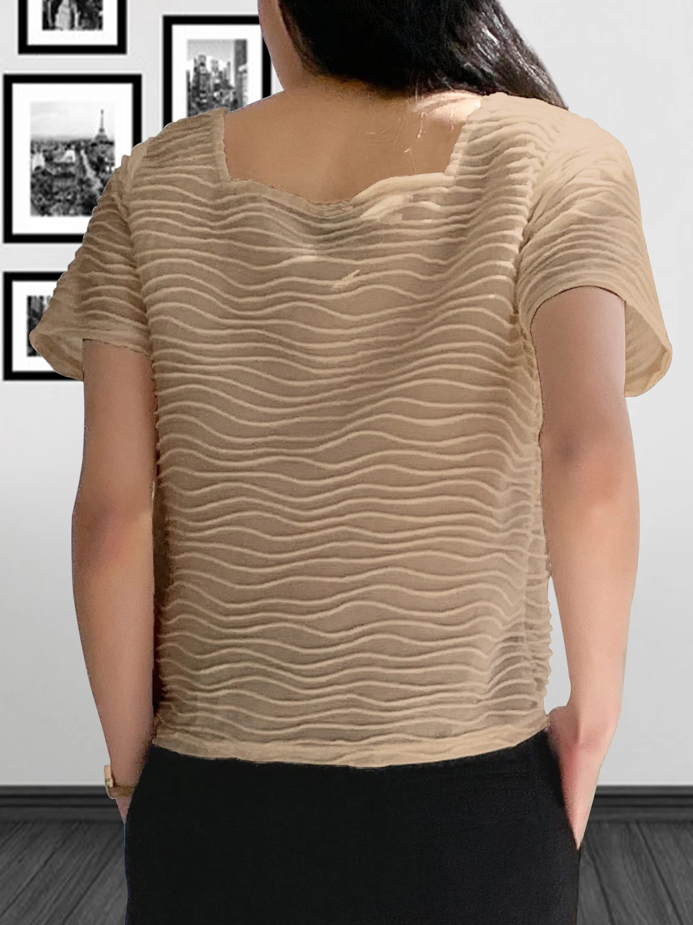 Square neck short sleeved striped women's T-shirt, summer thin cut slimming hide flesh sweet front shoulder knitted top