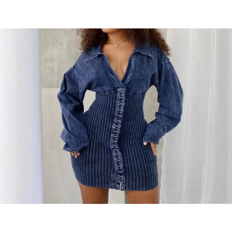 

Deep V Women's One-piece Skirt Slim Stitching Long-sleeved One-piece Denim Women Wear