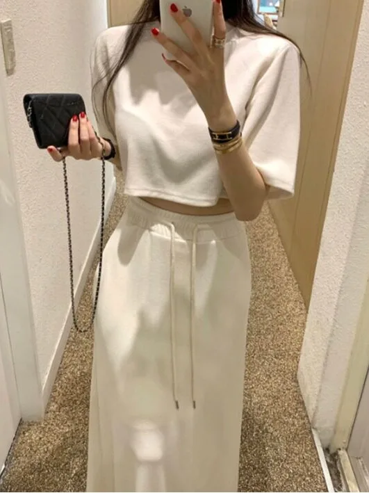 Fashionable Two-Piece Set Pure Color Short Top Women's Summer New Drawstring Elastic Waist Half Skirt Set Korean Style