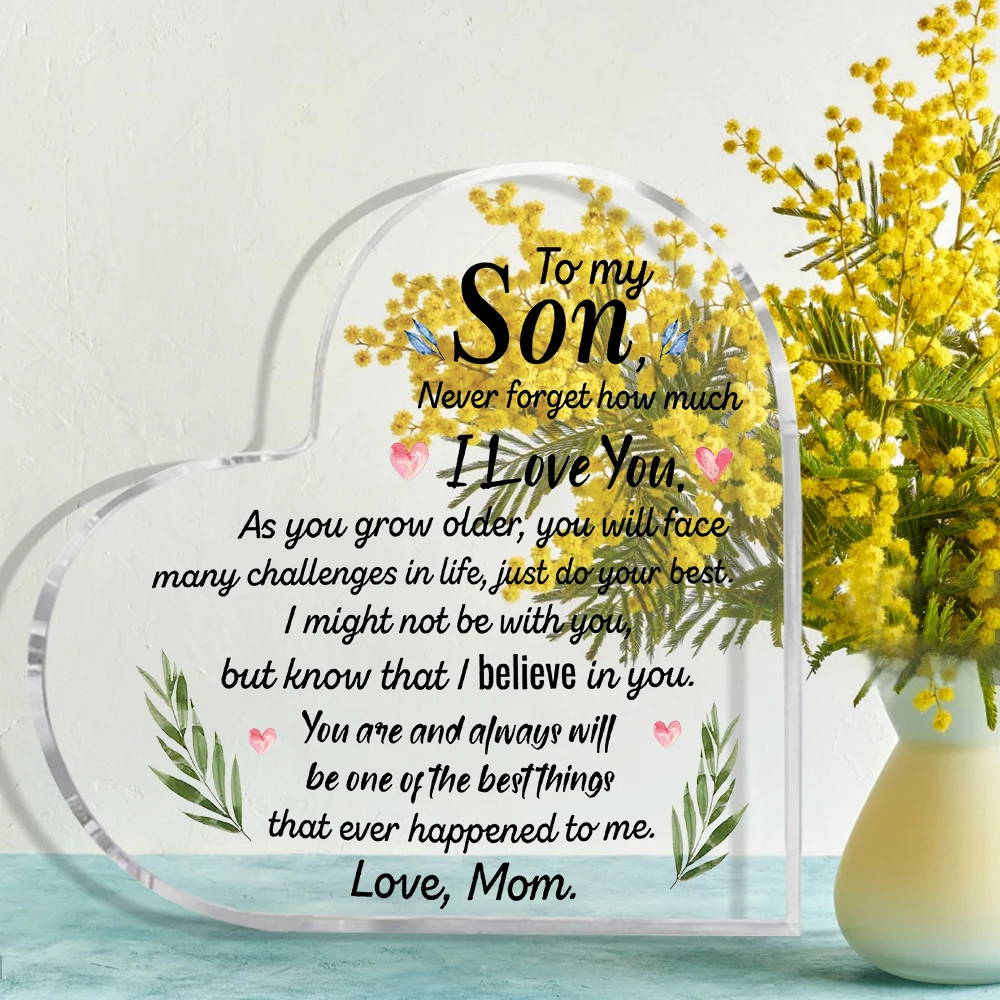 Transparent Acrylic Heart-Shaped Keepsake for Son - Love Message from Mom, Perfect Gift for Christmas, Thanksgiving, Mother's