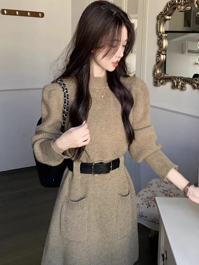 

Early Autumn Knitted Dr Women's Mid-Length Sweater Dr Waist-Cinching Slimming ort A-Line Skirt Faionable Ensemble