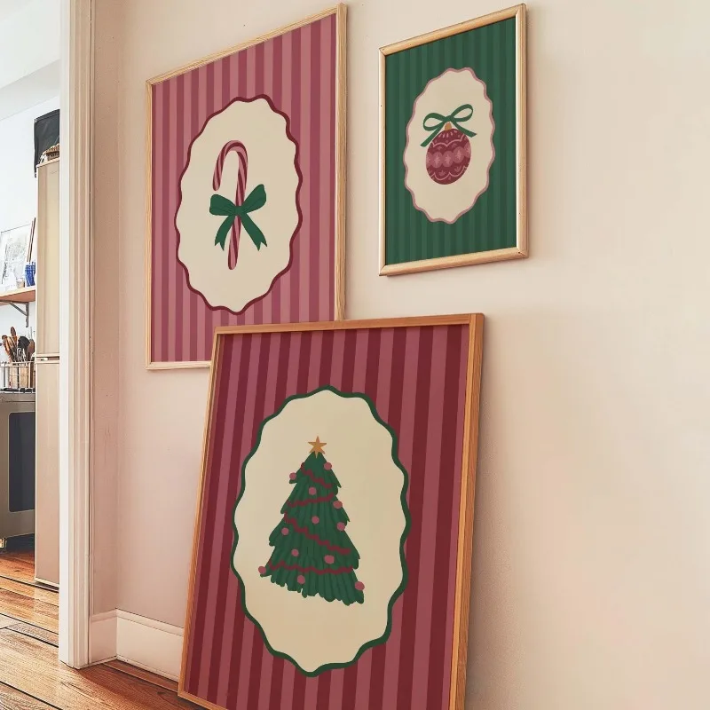 3pcs Retro Striped Christmas Wall Art Candy Cane Bauble Xmas Tree Bow Print Vintage Festive Holiday Home Decor Unframed Canvas