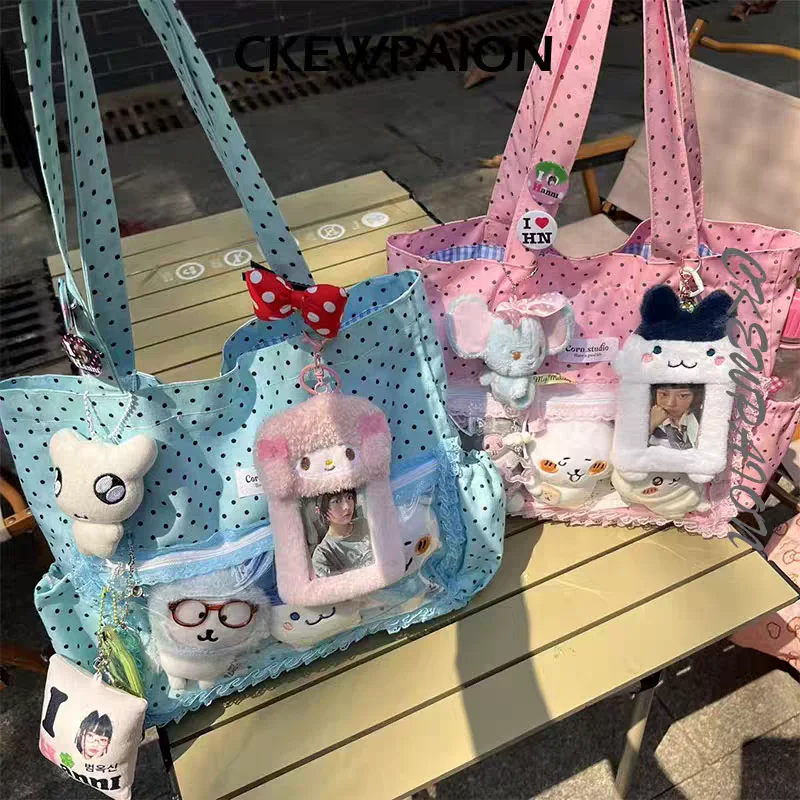 New Y2k Cute Ita Bag Girls Transparent Tote Bag Fashionable Large Capacity Polka Dot Canvas Shoulder Bag Casual Commuter Handbag