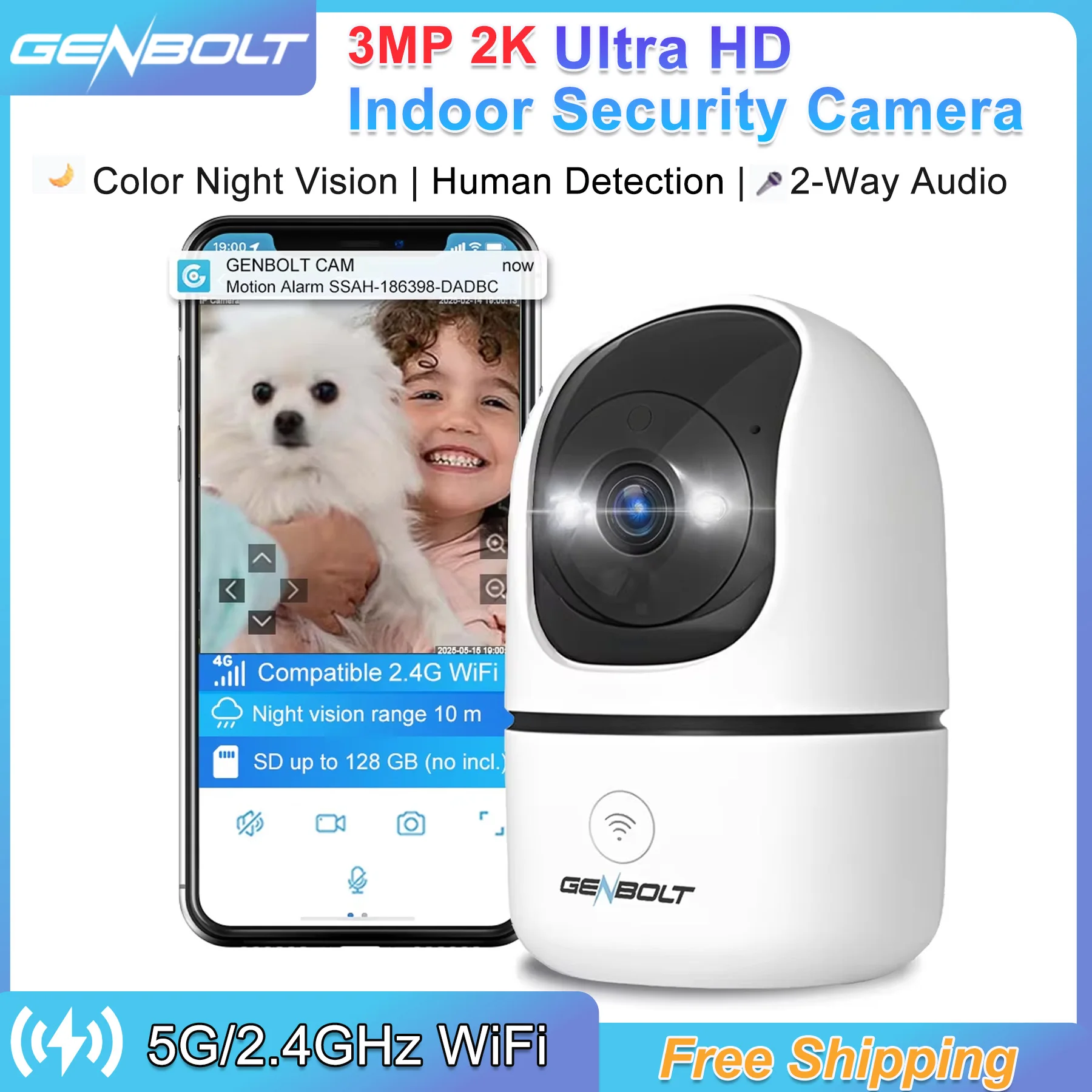 

GENBOLT WiFi Indoor Camera Smart Home Security Camera 3MP Auto Tracking Baby Monitor 1080P Color Night Surveillance Cam 5G/2.4G
