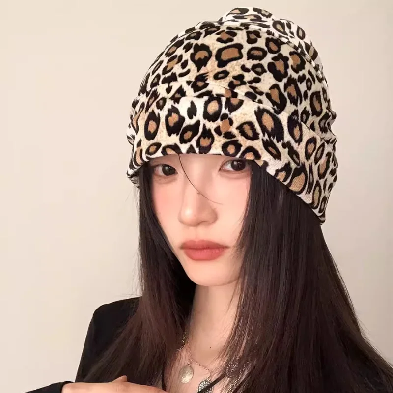 American Retro Y2K Leopard Print Pullover Hats Women Summer and Autumn Thin Niche Fashion Versatile Show Face Small Beanies Cap