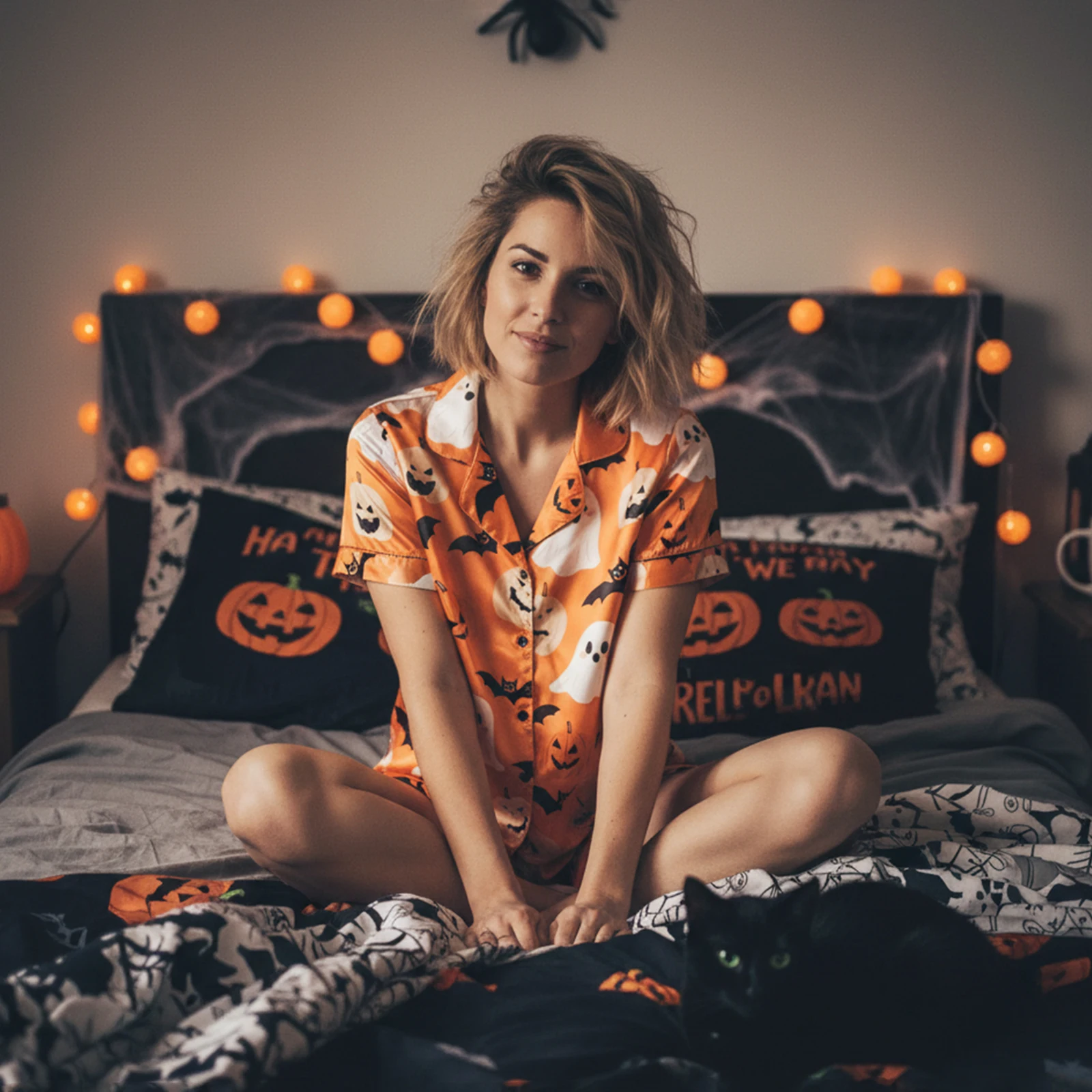 レディース 2 ピース ハロウィン パジャマ セット かわいい半袖ゴースト パンプキン プリント シャツ ショーツ セット ラウンジ服