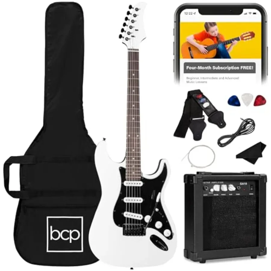

Beginner electric guitar starter kit for full-size practice: glacier white finish, basswood body, includes case, strap, 10W amp