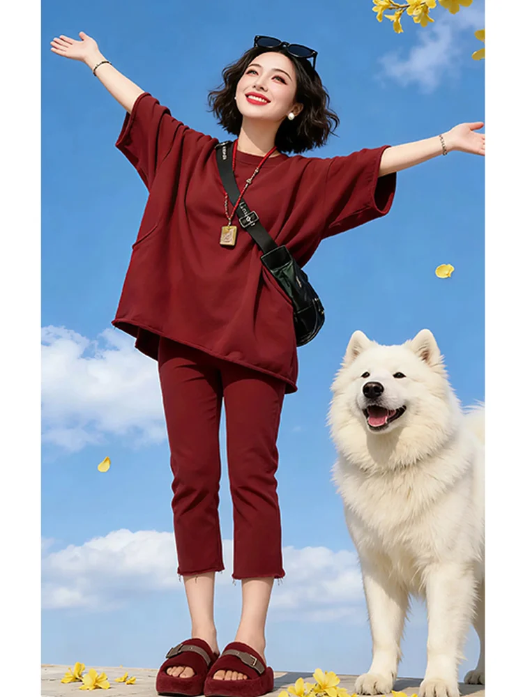 

Fashionable Casual round Neck Short Sleeve T-Shirt And Seven-Length Pants Women's Two-Piece Set Summer Leisure Wear