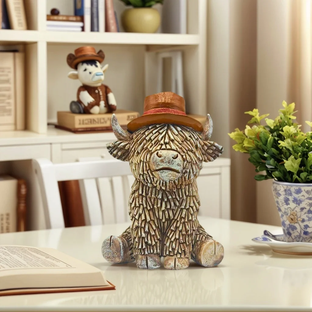 1 Piece of Western Cowboy-Style Highland Cow Statue, Scottish Highland Cow Wearing a Cowboy Hat, Resin Craft Desktop Statue, Ideal for Thanksgiving and Christmas, Suitable for Home, Office, Living Room, and Bathroom Decoration Gifts