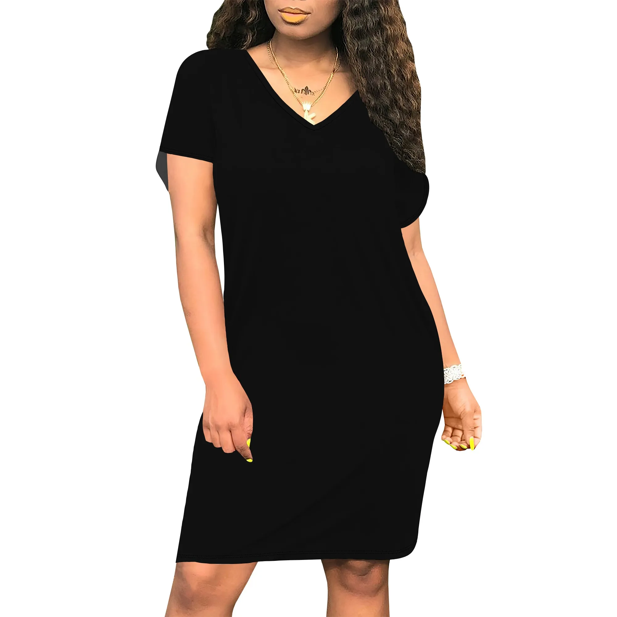 Damskie letnie sukienki T-shirt 2025 wiosenne z krótkim rękawem, dekolt w serek, luźne, codzienne, krótkie sukienki wakacyjne, piżamy z kieszeniami.