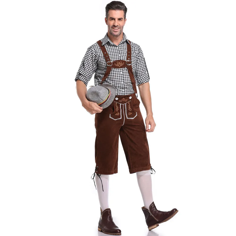 

Adult Men Traditional Germany Oktoberfest Costumes Bavarian Beer Shorts Outfit Overalls Shirt Hat Suspenders Set Halloween Set