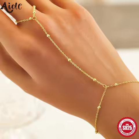 Aide Quality 925 Sterling Silver Gold Color Micro Pave CZ Station Charm Chain Bracelet With Ring Fashion Wrist Jewelry For Women
