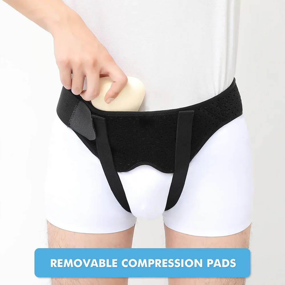 Hernien-Gürtel für bilaterale, doppelte/monofile Leistenhernien, Leistenhernien-Stützbandage für Männer und Frauen, mit 2 herausnehmbaren Kompressionspolstern – Detail 4