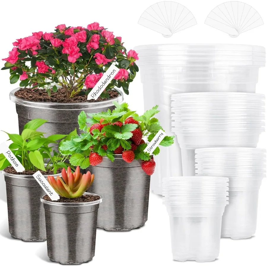 

40Pack 6.5 5 4 3.5 Inch Reinforced Clear Nursery Pots with Drainage Holes Variety Pack Thickened Plastic Plant Pots with 20 Pla