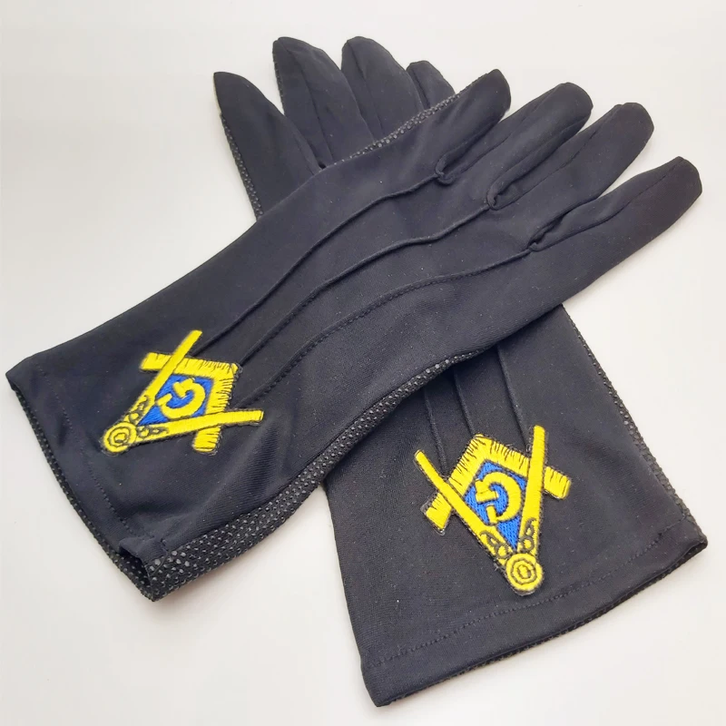 Black gold square and compass Masonic embroidery, polka dot plastic non-slip, touch screen, polyester gloves