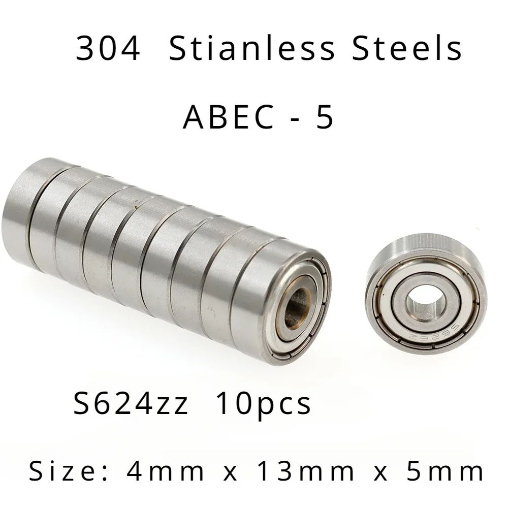 

High Performance 304 Stainless Steels ABEC-5 Miniature Deep Groove Ball Bearings - S624zz Size:4mmx13mmx5mm of 10pcs