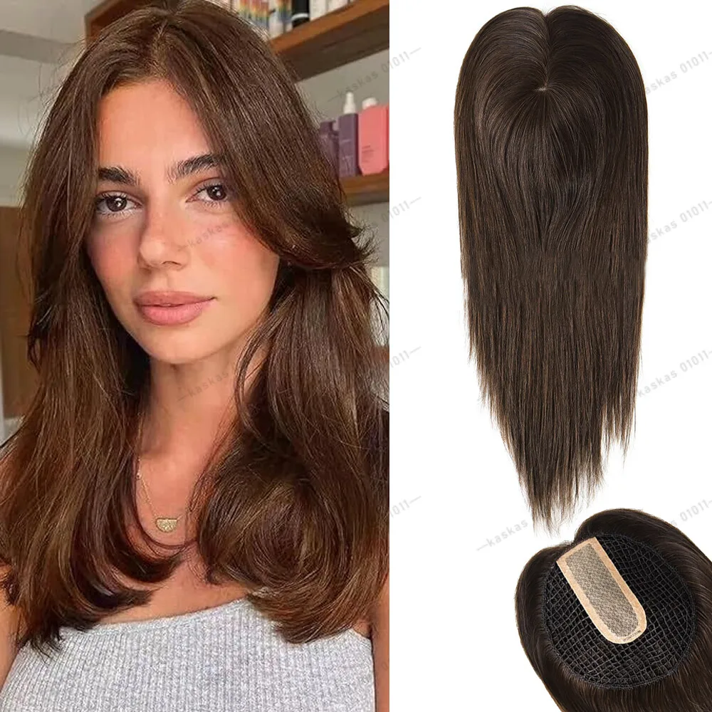 

Длинный коричневый ажурный шелковый пробор 6x6,5 дюйма, связанный вручную для женщин Remy