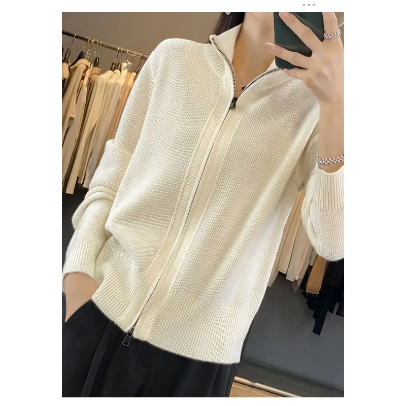 Mode casual opstaande kraag jas voor dames 2025, nieuwe gebreide vest met dubbele rits, trui, trui top