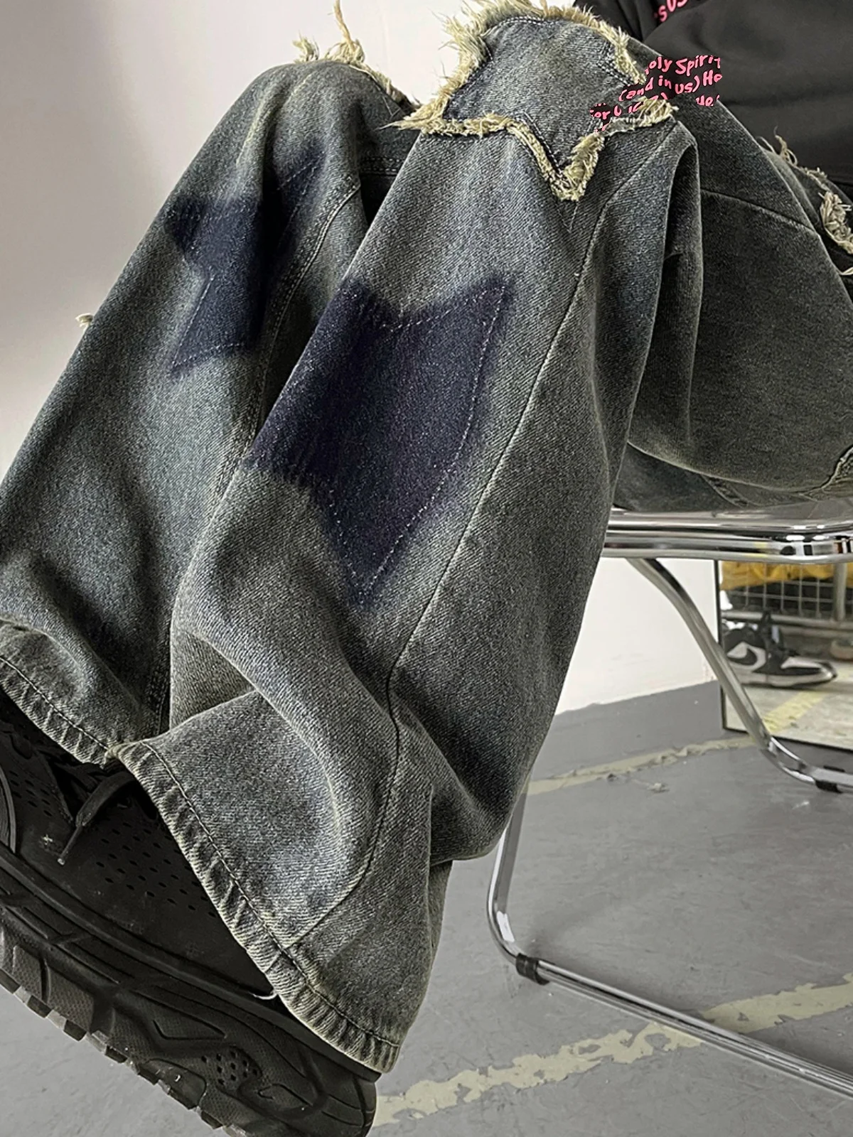 

Retro Waed Men's Denim Jeans Vintage Star Frayed Straight Leg Slimming Autumn Winter American Sle Casual Outerwear