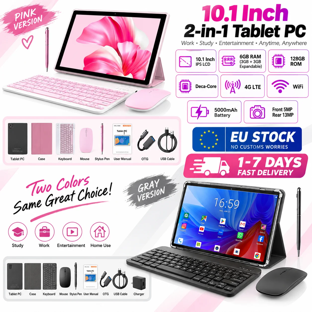 Tablet PC 2 en 1 de 10.1 pulgadas, 6 GB de RAM (3 GB + 3 GB ampliable), 128 GB de ROM, Deca Core, 4G LTE, WiFi, 5000 mAh, pantalla IPS LCD