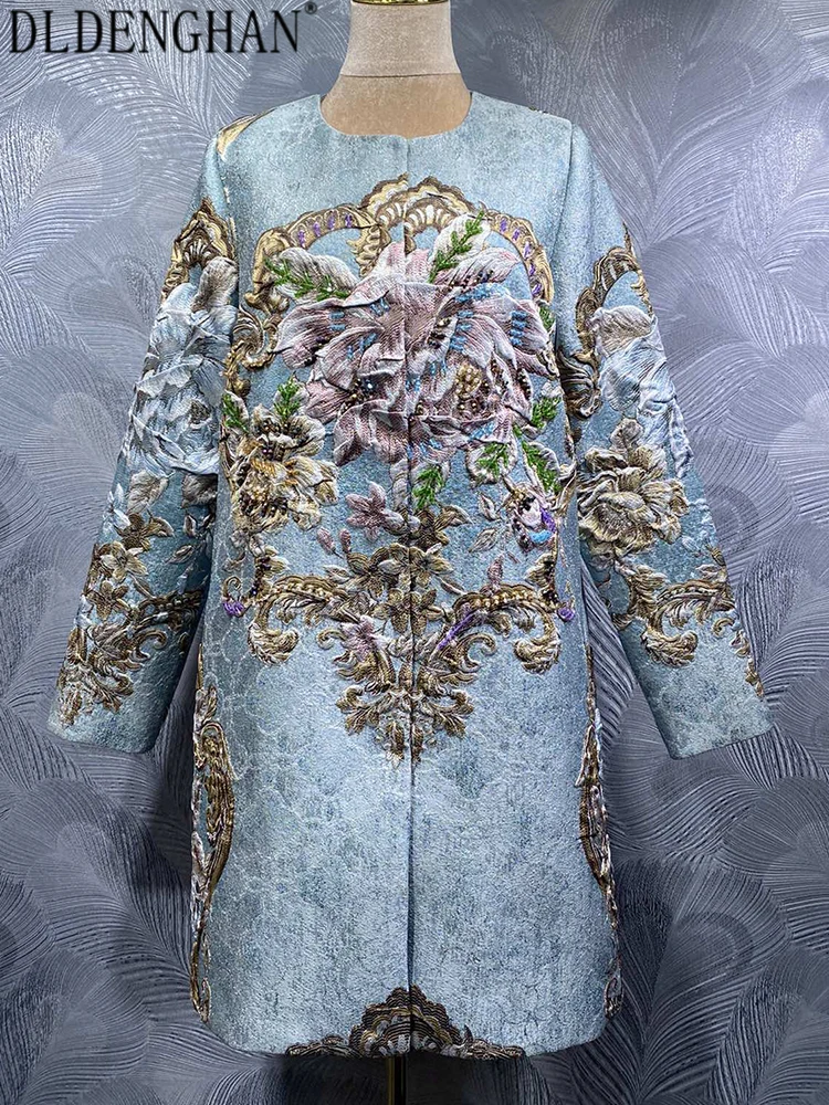 

DLDENGHAN Women's O-Neck Long Sleeves Jacquard Beading Elegant Coat Autumnal Vintage Trench