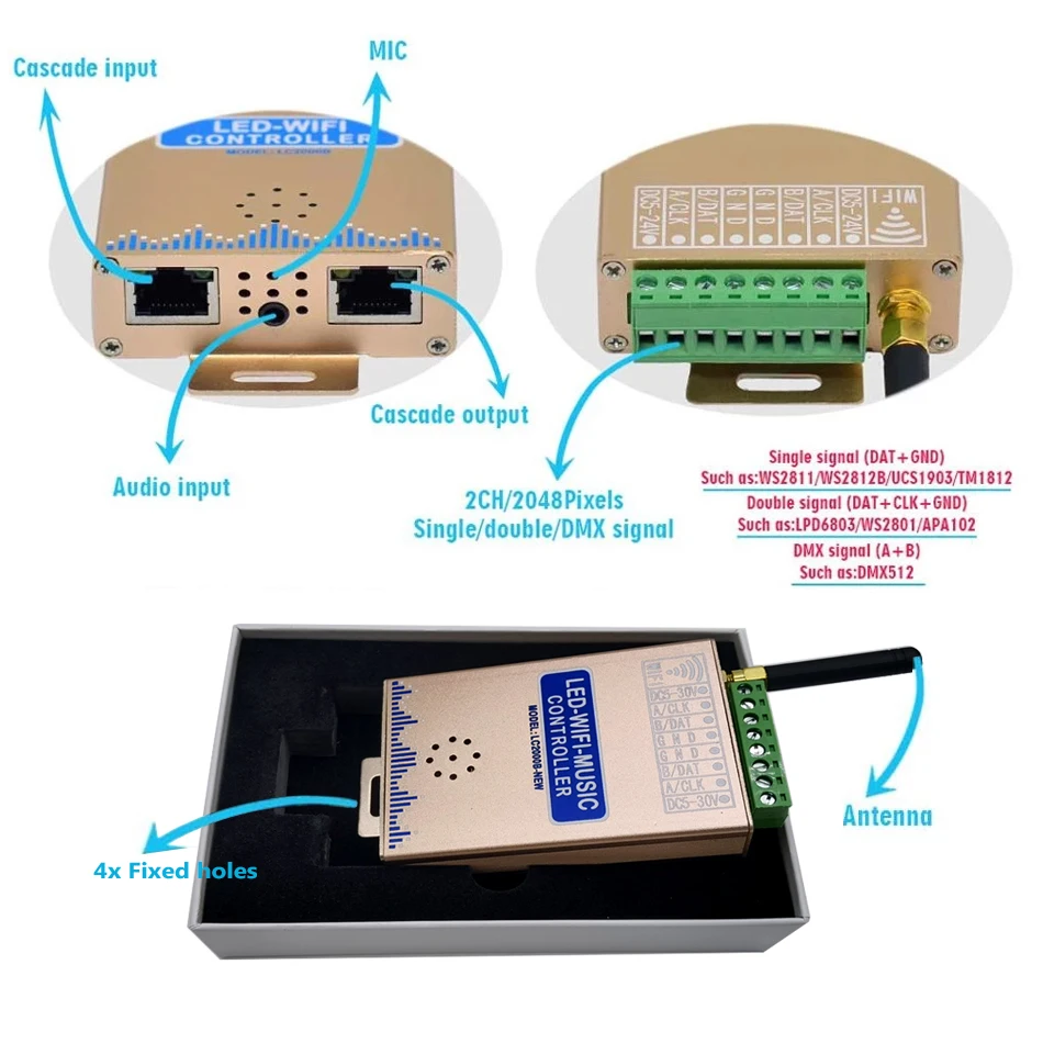 Imagem -05 - Wifi Spi Espectro de Música Dc524v Controlador para Ws2811 Ws2812 Rgb Led Digital Pixel Tira 1024-2048 Pixels Lc1000a Lc2000b