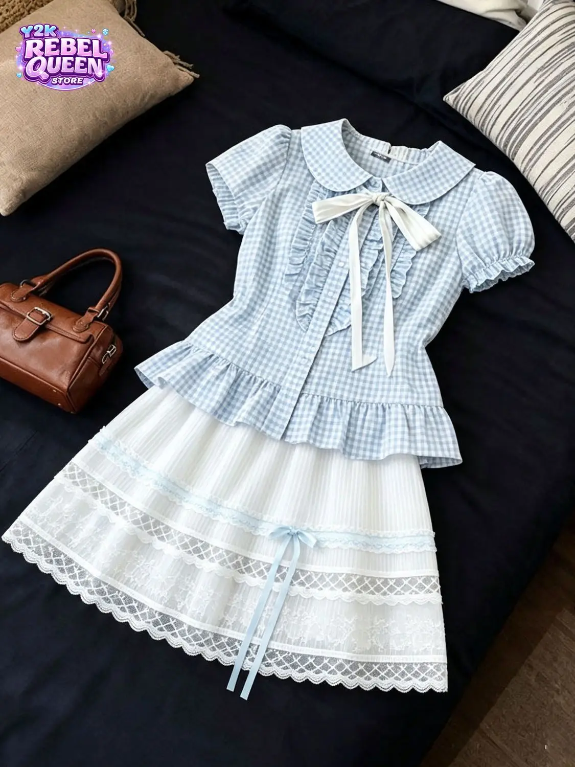 Sweet Japanese School Style 2 Piece Set Women Short Sleeve Peter Pan Collar Bow Top Lace Trim Skirt Slim Fit Daily Outfit 2026