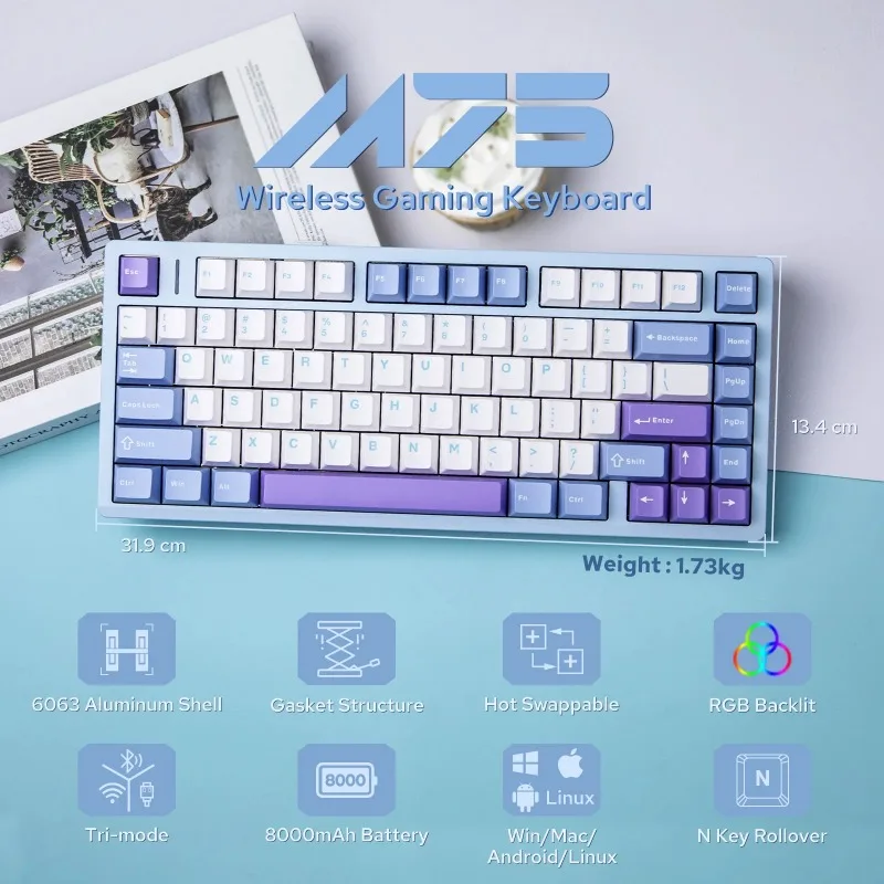 AULA M75 Mechanical Keyboard Tri Mode Gaming Keyboard Side Printed Keys Gasket Mount RGB Backlit Hot Swap Keys For PC Mac Laptop
