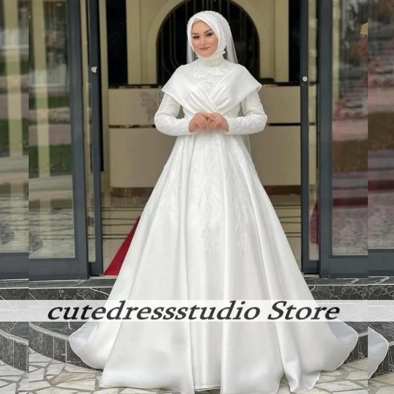 Muslimischer Stil, Stehkragen, A-Linie, Brautkleider, exquisite Perlen-Pailletten, lange Ärmel, Brautkleider, arabische Frauen, individuell gestaltet